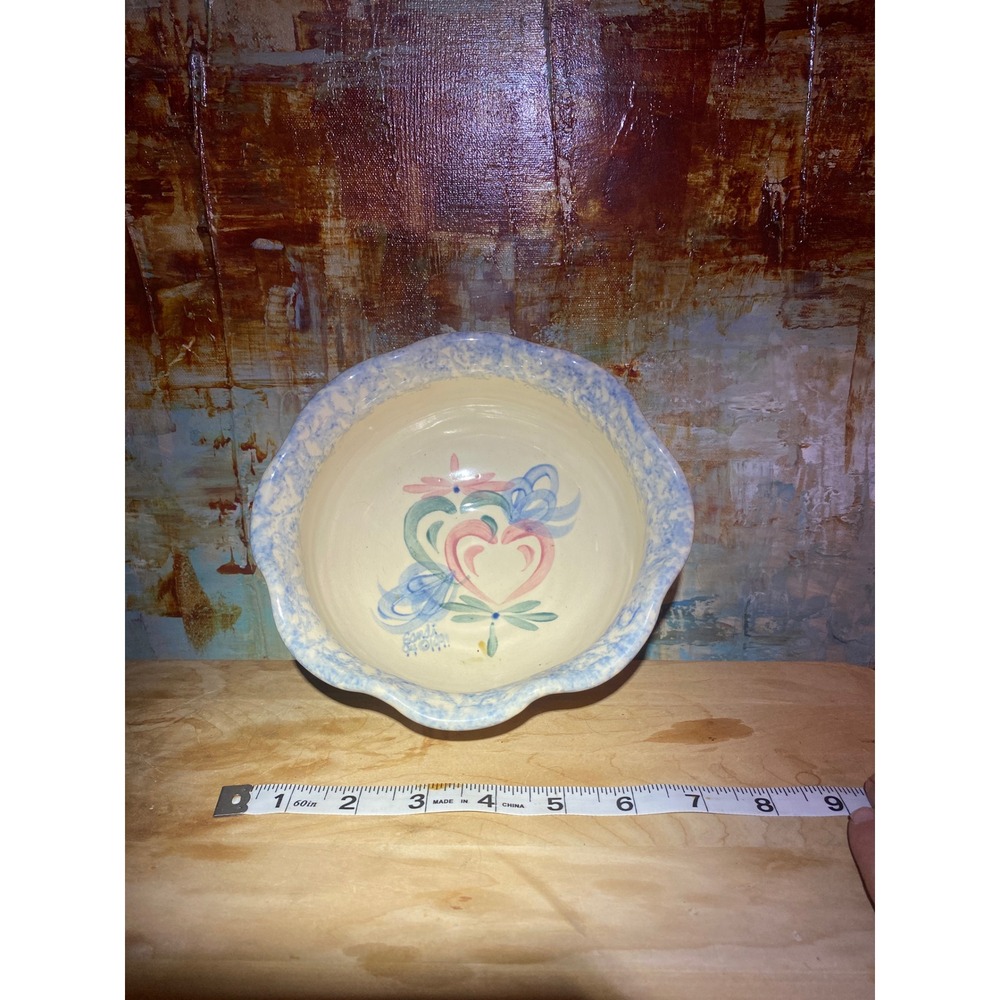 Ellis Prod Pottery Marshall TX Hand Painted Heart Bowl Sandi 1991 Scalloped 8.5"